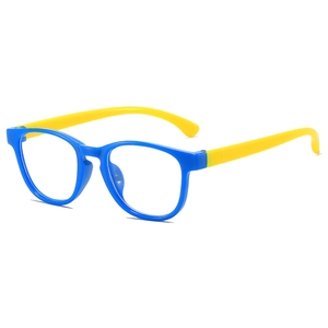 Kids blue light blocking glasses with stylish blue and yellow contrast frame colors