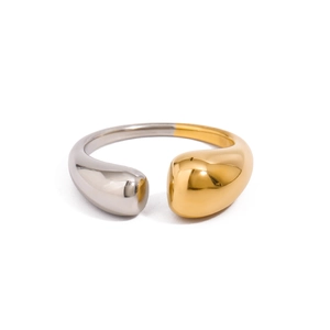 Two-tone stainless steel open ring with asymmetric water drop design on white background
