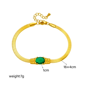 Gold flat snake chain bracelet with green zircon pendant and 16+4cm length detail