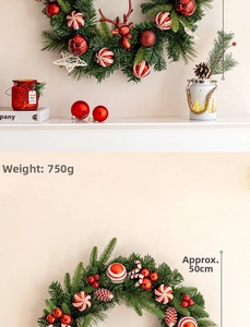 Detailed Christmas wreath featuring red ornaments, pine cones and deer head, 50cm diameter