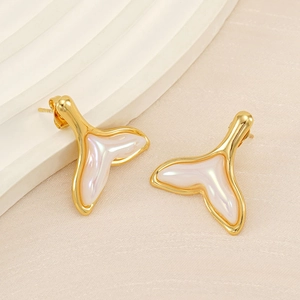 Close-up of 18K gold plated fishtail stud earrings with pearlescent resin inlay