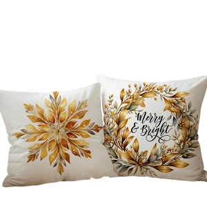 Set of two Christmas pillow covers with golden snowflake and Merry & Bright wreath design