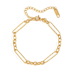 Detailed shot of golden stainless steel chain bracelet with lobster clasp on white background