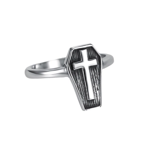 Gothic silver coffin ring with cross relief in stainless steel, 45-degree angle view
