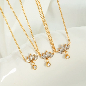 French style gold plated lotus pendant necklace set with sparkling white zircon crystals