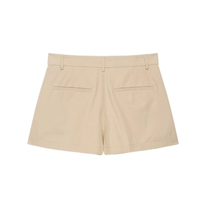 Rear view of khaki casual twill shorts featuring back welt pockets and flat hem on white