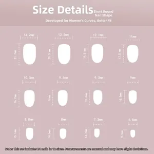 Size chart for grey cat-eye press-on nails featuring 12 sizes of short round nail tips