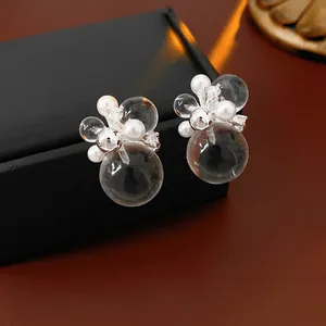 Transparent Bubble Stud Earrings With 925 Sterling Silver Earring Post Faux Artificial Pearl Zircon Geometric Chic For Women