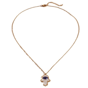 Hamsa Hand necklace with blue crystals and evil eye pendant in gold finish