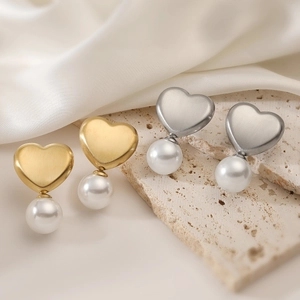 Heart Artificial Pearl Stud Earrings For Women Minimalist Elegant Brushed Stainless Steel With Artificial Pearl Drop Aesthetic Jewelry Gift