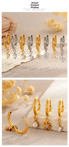 Detailed display of G23 titanium hoop earrings with zircon star and flower pendants