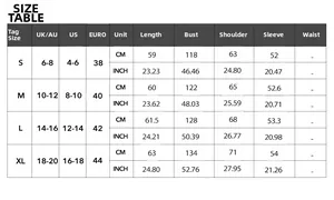 Detailed size chart for women's crew neck long sleeve sweater with US/UK measurements