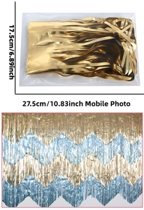 Macro detail of gold and blue wavy foil fringe curtain with specific packaging dimensions