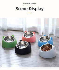 Cat ear pet bowls in five colors shown with stainless steel liners and slanted base