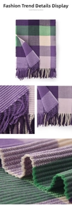 Macro detail of checkered scarf texture and thick tassels in purple and green tones