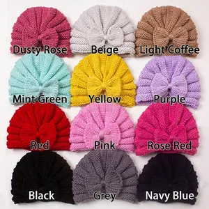 Detail display of 12 colors of ribbed knit baby turban hats with cute bow decorations