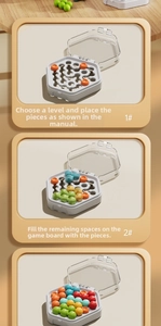 Three-step logical puzzle guide showing colorful hexagonal bead blocks for kids