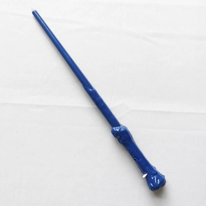 Close-up of a blue glowing wizard wand with transparent LED tip for cosplay