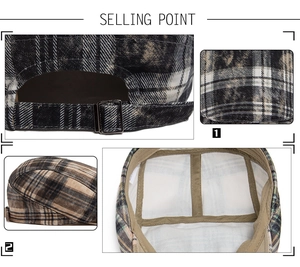 Detail of plaid ivy cap featuring metal buckle, cotton fabric texture, and inner lining