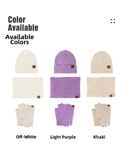 Detailed flat lay of knit winter set including a warm beanie, neck warmer and gloves