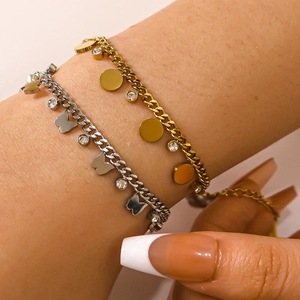 French style gold and silver titanium steel bracelets with butterfly and crystal charms
