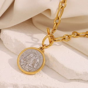 Angel Coin Pendant Necklace Stainless Steel 18K Gold Plated Two Tone Toggle Clasp Vintage Retro Jewelry For Women