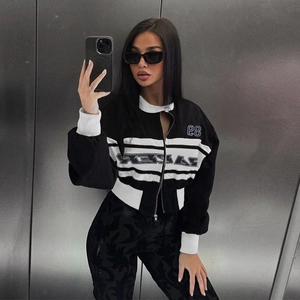 Giacca Da Corsa Da Donna Color Block Stampa Lettere Collo Alto Cerniera Maniche Lunghe Streetwear Poliestere