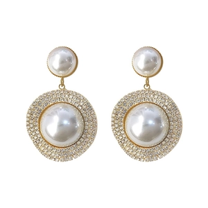Elegant gold double circle drop earrings with faux pearls and micro-pave rhinestones