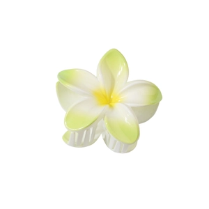 Vue détaillée de dessus d'une grande pince à cheveux fleur de frangipanier blanche
