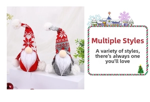 Detail of red and grey knitted Christmas gnomes with snowflake hats and plush white beards