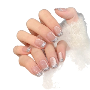 Short square pink french press-on nails with silver glitter cat-eye silk patterns