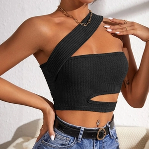 Schwarzes sexy One-Shoulder Strick-Crop-Top mit Taillenausschnitt für Damen