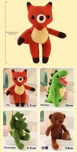 Detailed size measurement showing handmade crochet stuffed fox, dinosaur and bear toys