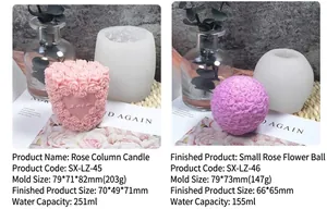 Detalle de moldes de silicona de rosa corazón y esfera para velas y jabones caseros
