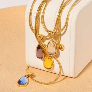18K gold plated stainless steel teardrop gemstone birthstone necklaces in four colors