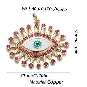 Golden Turkish Evil Eye pendant with blue and pink zircons, 30mm copper jewelry charm