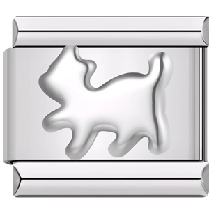 Detailed macro view of a polished stainless steel modular bracelet charm with cat motif
