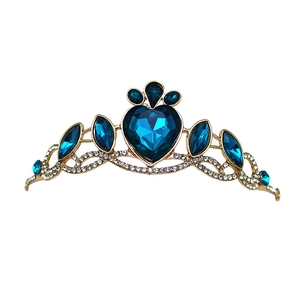 Elegant gold crown headband with blue heart-shaped crystal for girls' princess costume