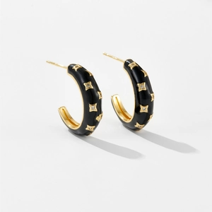 Modern Copper C-Shaped Hoop Earrings For Women Black Enamel Star Pattern Rhinestone Gold Silver Plated Fashion Jewelry Earrings
