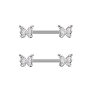 Macro view of silver butterfly nipple rings with sparkling white zircon crystals inlay