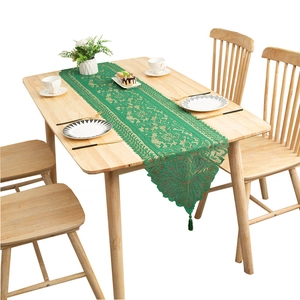 French style emerald green lace table runner with hollow floral patterns and tassels