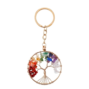 Tree of Life keychain with colorful natural gemstones and golden metal frame on white background
