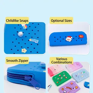 DIY silicone pencil case with holes and cartoon charms in various vibrant colors