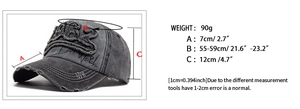 Detailed size specifications for the vintage 1962 distressed washed cotton baseball cap