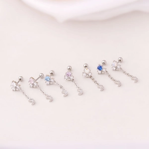 Set of 7 silver stainless steel moon and star cartilage earrings with colorful zircons