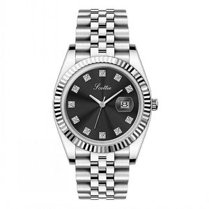 Elegant silver stainless steel ladies watch with black dial and date window