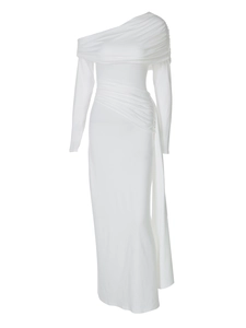 Elegant white long-sleeve evening dress with asymmetric pleats and slim fit silhouette