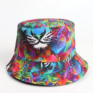Colorful tiger print bucket hat with reversible graffiti design and sun protection