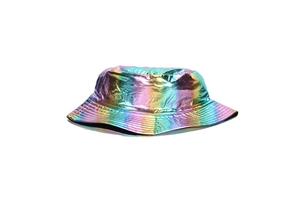 Close-up of holographic rainbow reflective fabric with metallic texture on bucket hat