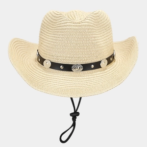 Detail of straw cowboy hat with leather band, silver studs, and adjustable wind cord